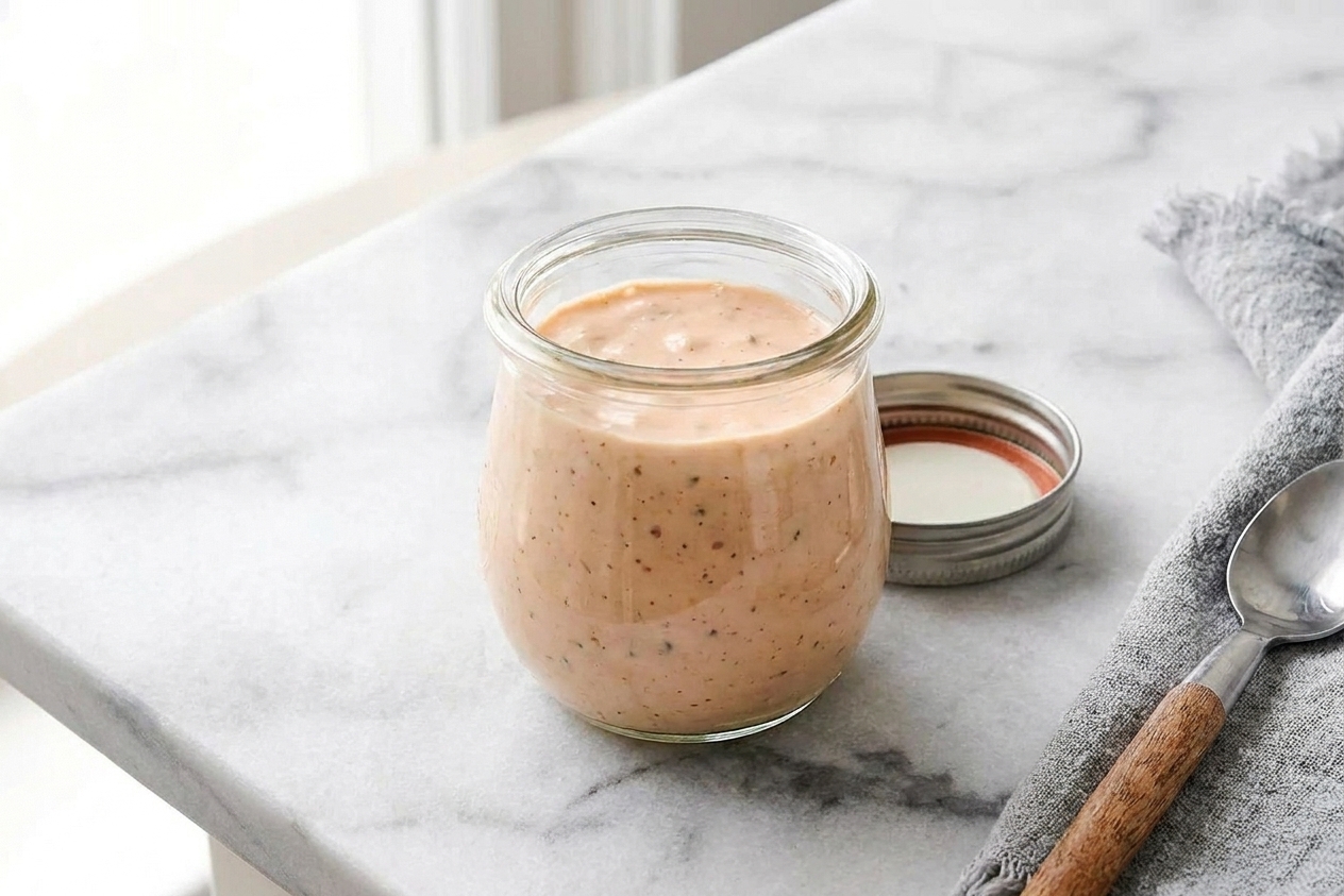 A small glass jar filled with creamy burger sauce with a lid beside it on a kitchen counter