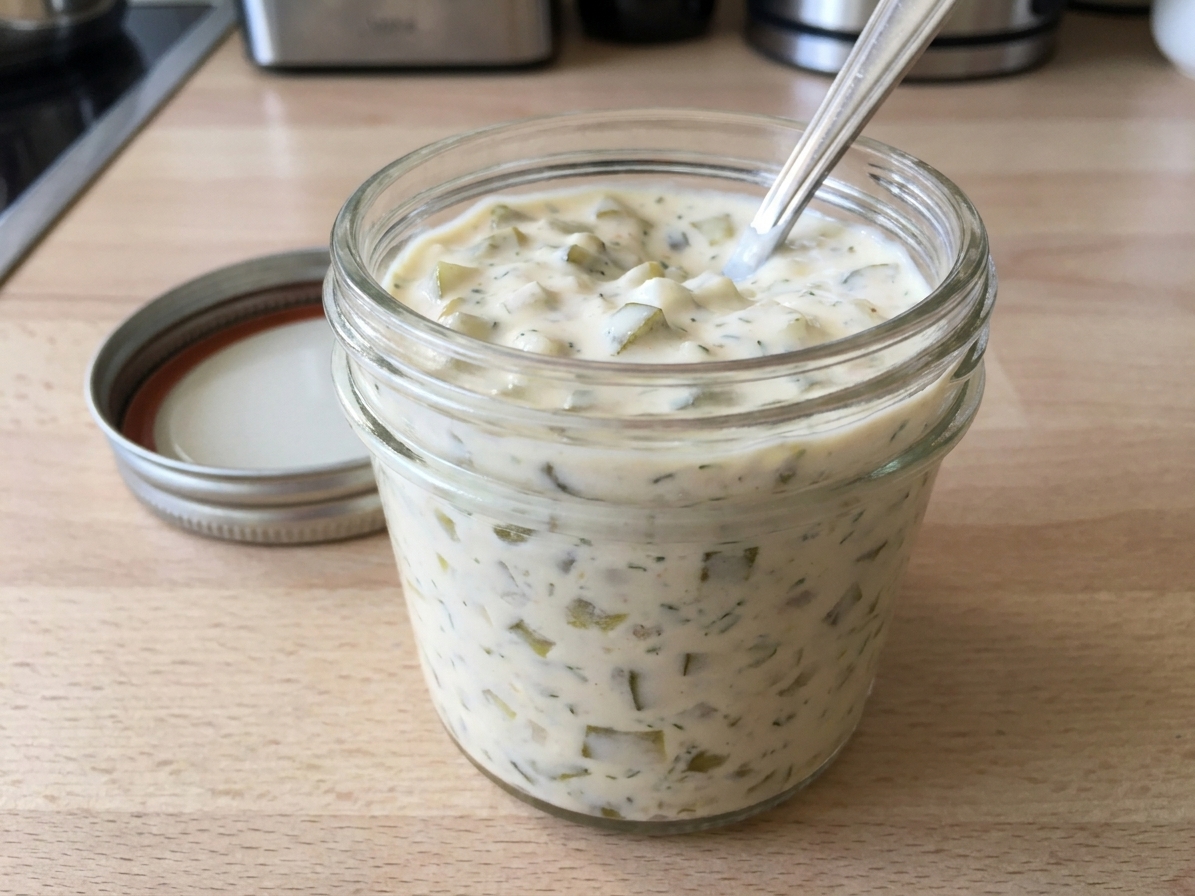 A small glass jar filled with creamy burger sauce with a lid beside it on a kitchen counter