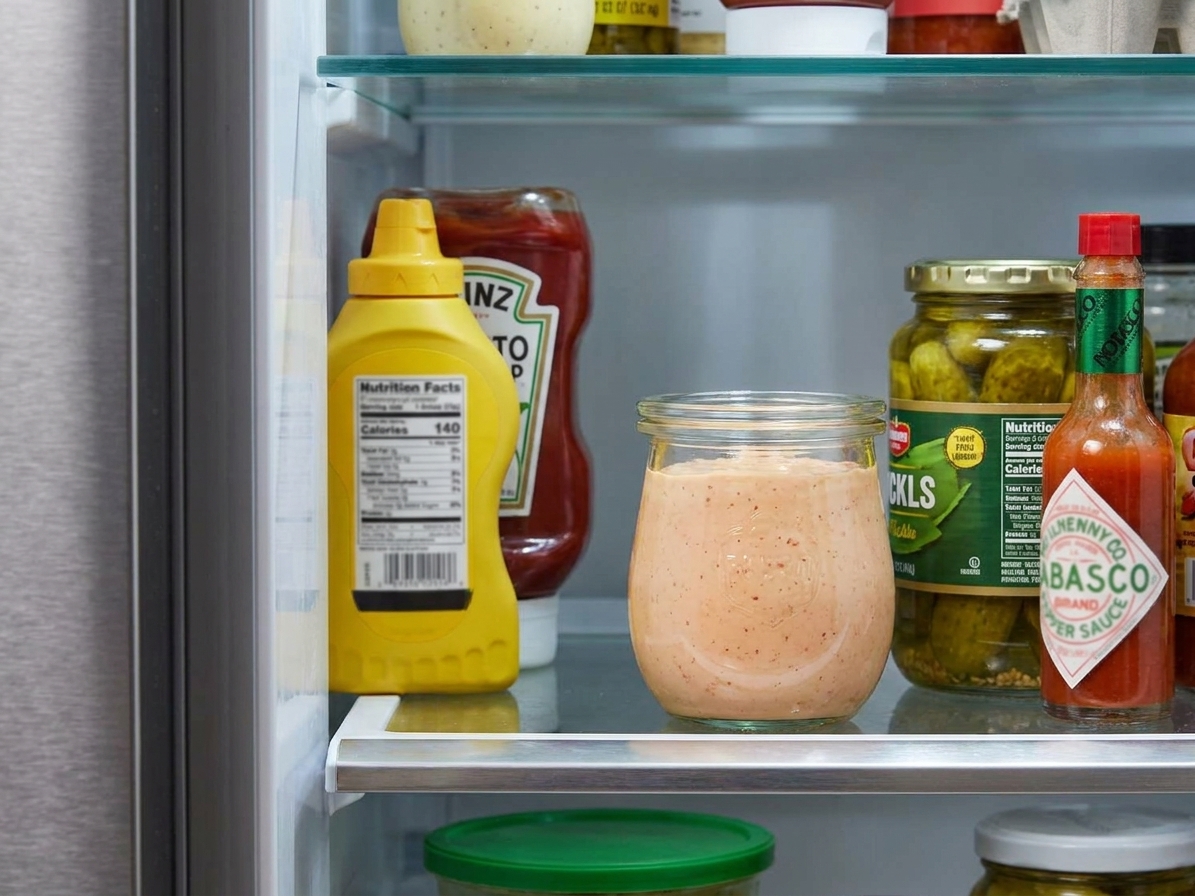 A small glass jar filled with creamy burger sauce sitting on a refrigerator shelf beside everyday condiments