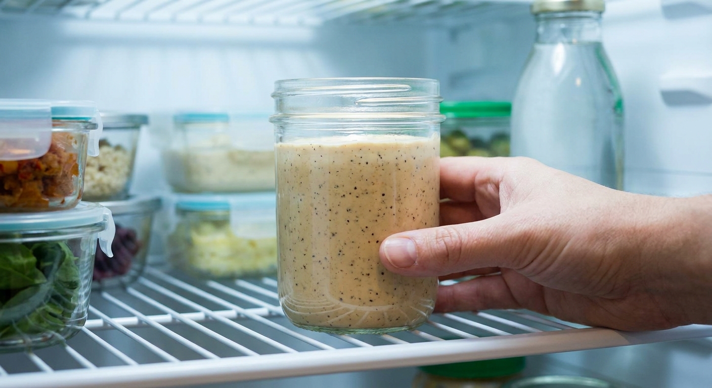A small glass jar filled with creamy pepper-speckled dipping sauce sitting on a refrigerator shelf