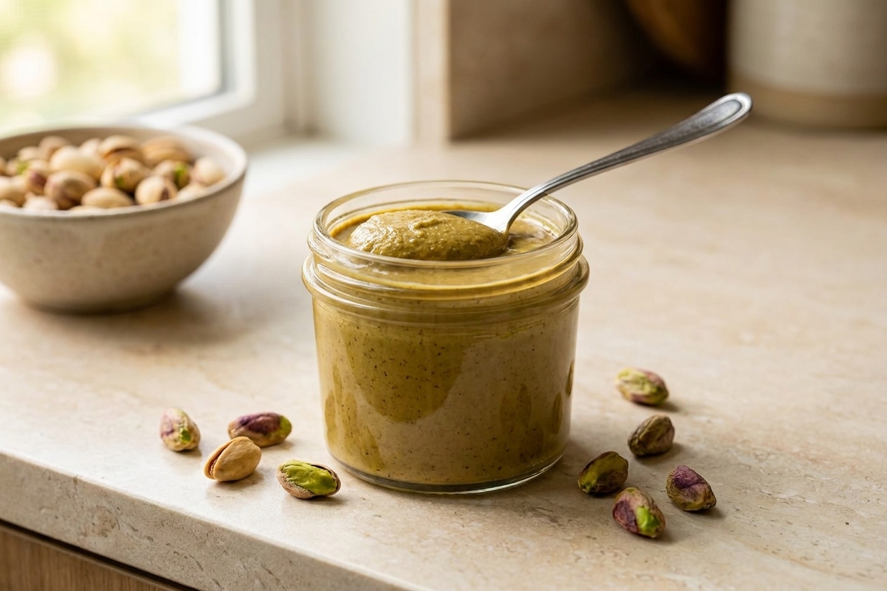 A small glass jar filled with creamy pistachio butter on a light kitchen counter, with a spoon dipped in and a few pistachios scattered nearby in soft natural window light