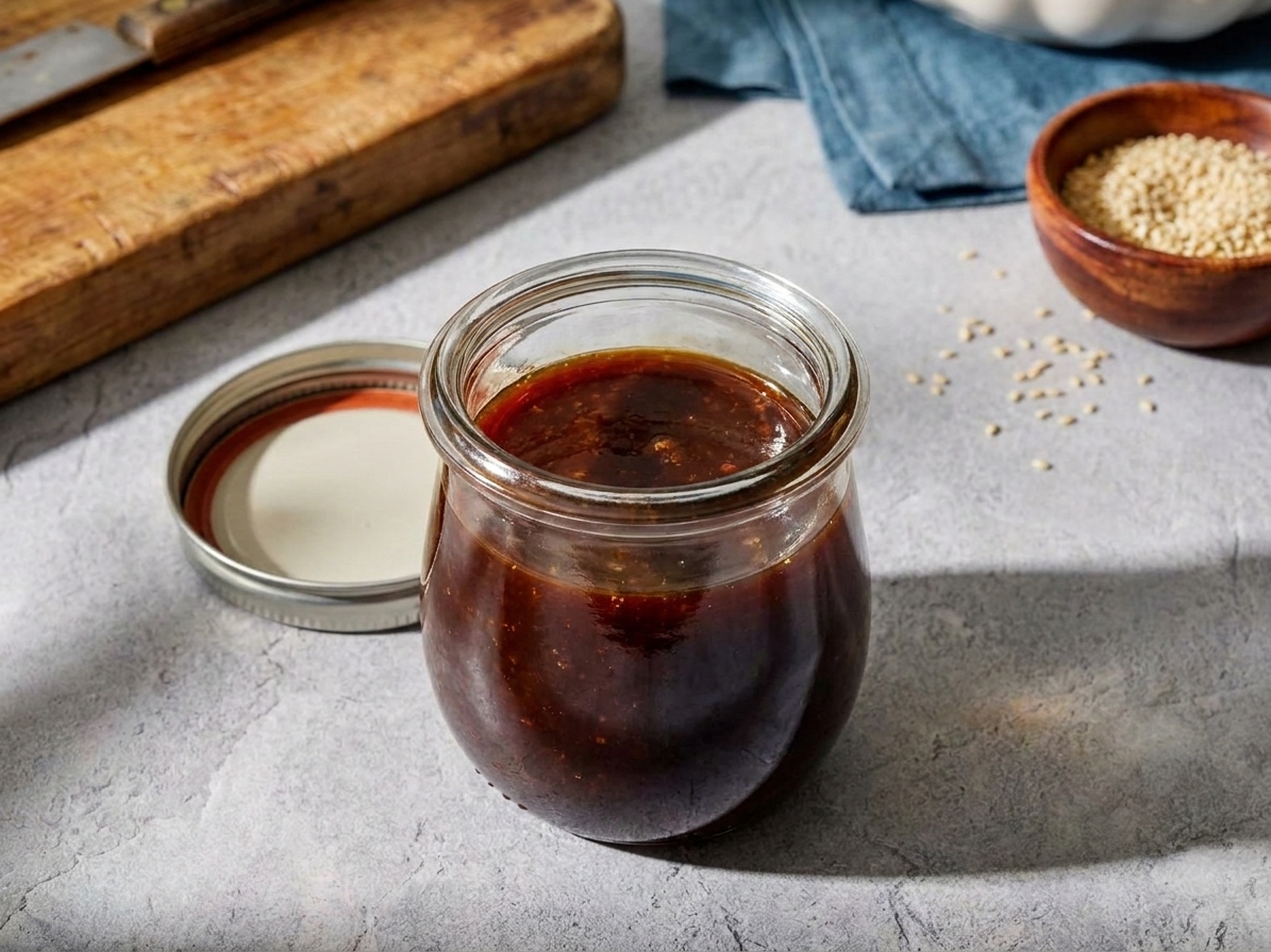 A small glass jar filled with dark glossy General Tso sauce with a lid beside it on a kitchen counter