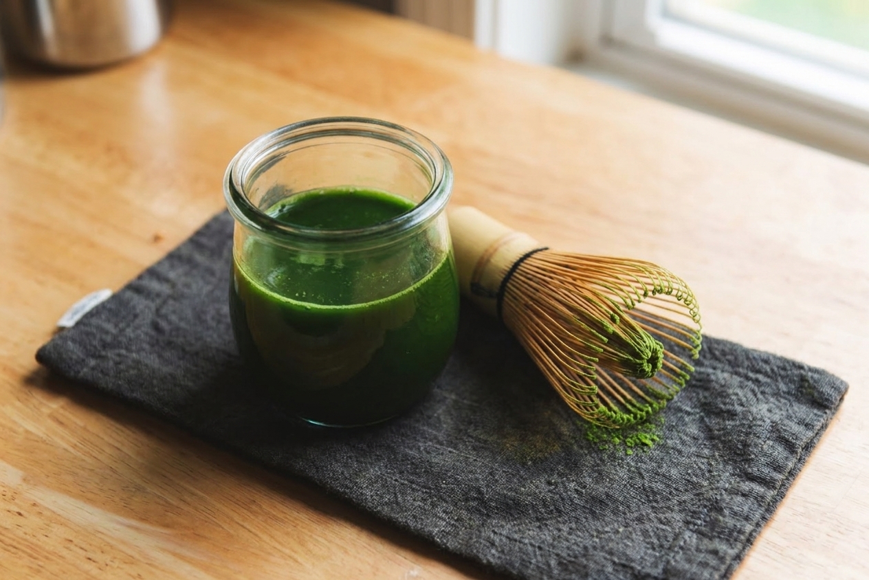 A small glass jar filled with deep green matcha concentrate sitting on a kitchen counter next to a whisk