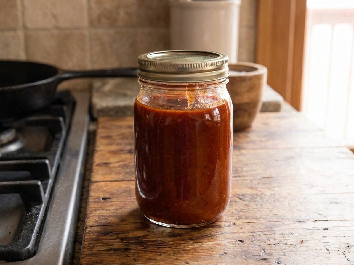 A small glass jar filled with deep red adobo sauce with a tight-fitting lid on a kitchen counter