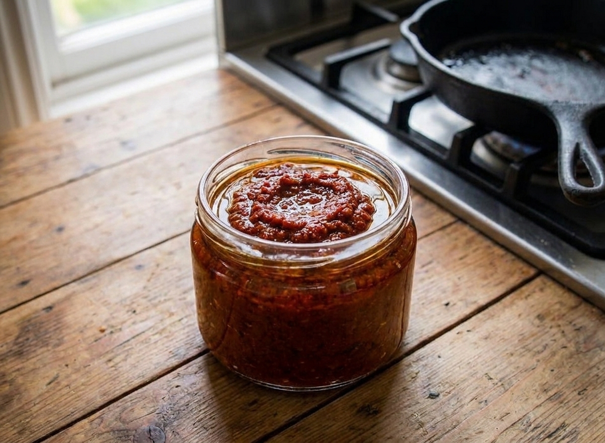 A small glass jar filled with deep red harissa paste with a thin layer of olive oil on top, sitting on a kitchen counter