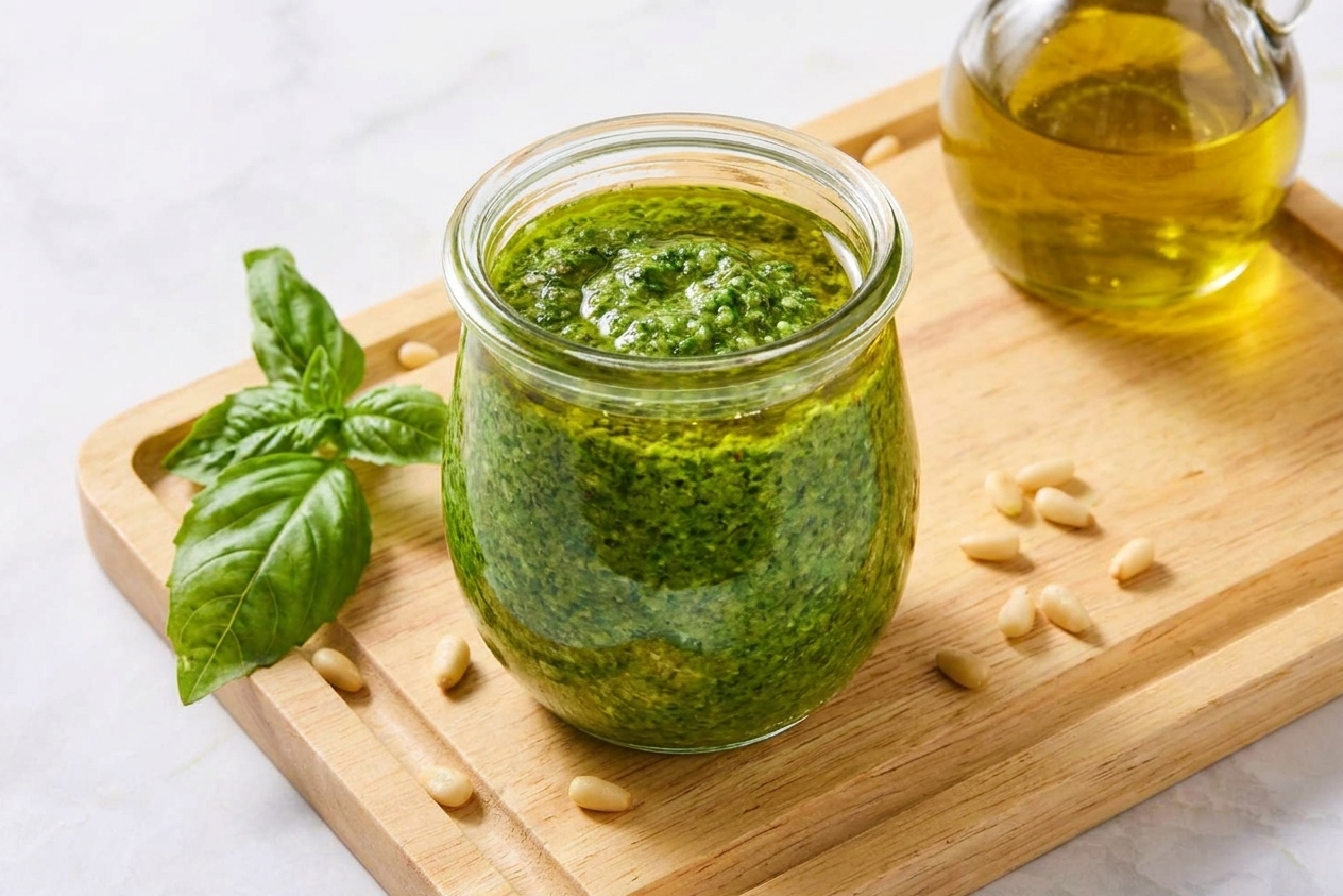 A small glass jar filled with fresh pesto sauce with a thin layer of olive oil on top