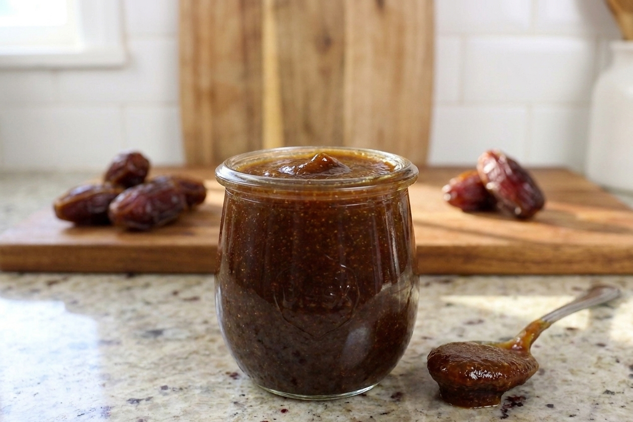 A small glass jar filled with glossy date caramel on a light stone countertop, with a spoon resting beside it and a few whole Medjool dates in the background