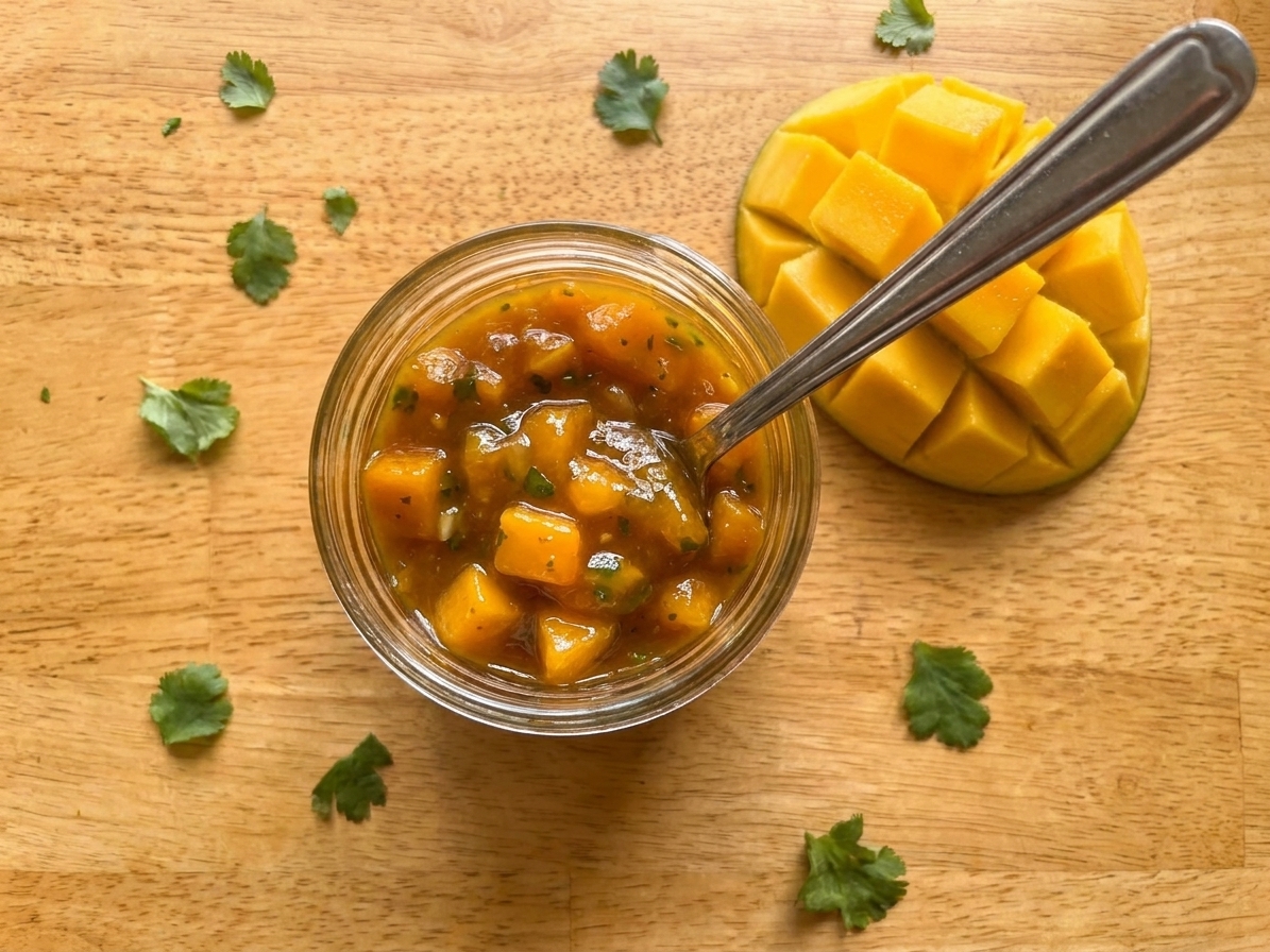 A small glass jar filled with glossy homemade mango chutney on a warm-toned kitchen counter, with a spoon and fresh mango slices nearby