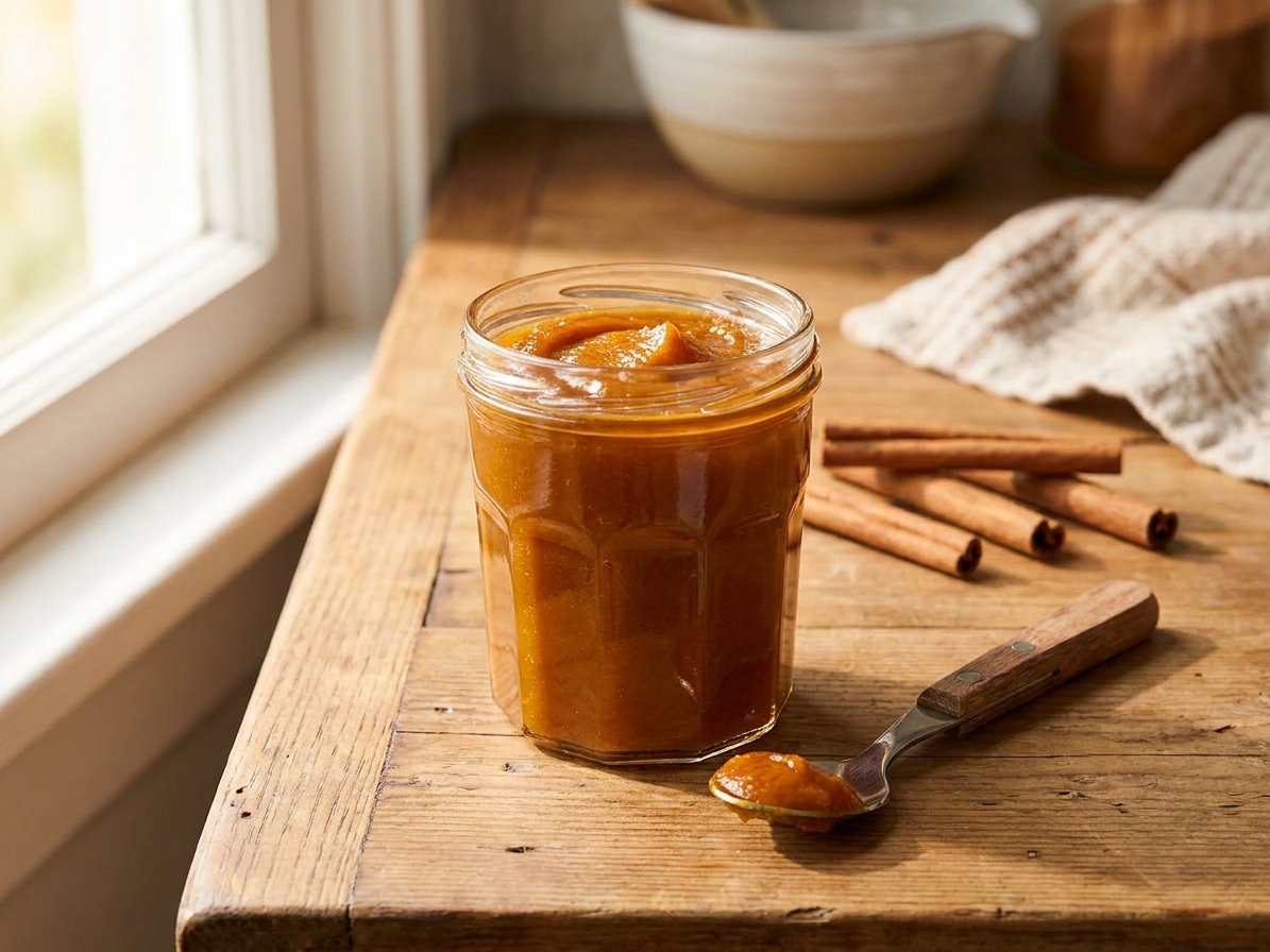 A small glass jar filled with glossy pumpkin butter on a wooden kitchen counter, with a spoon resting beside it and a few cinnamon sticks in the background