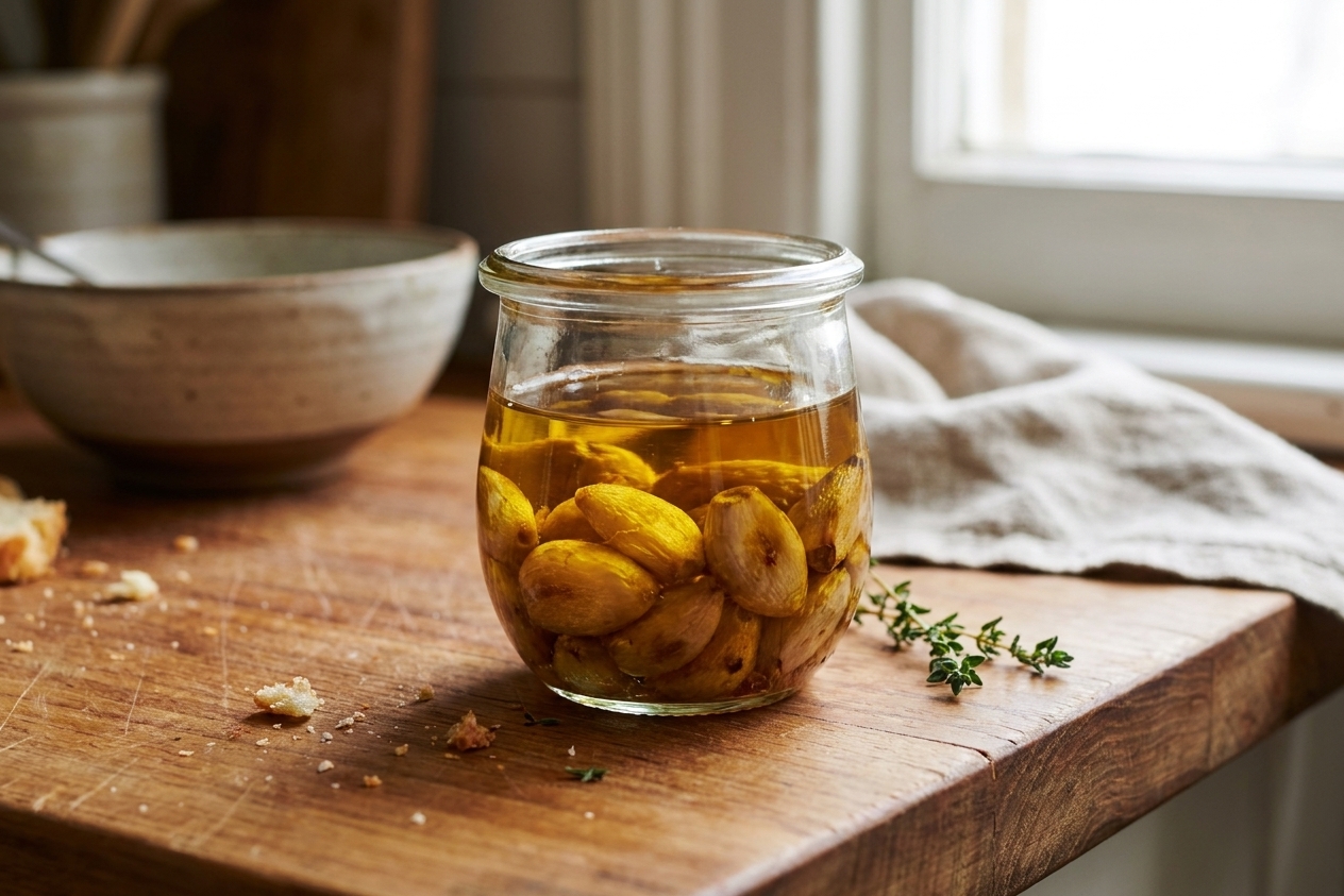 A small glass jar filled with golden garlic confit oil and tender whole garlic cloves on a warm-toned kitchen counter