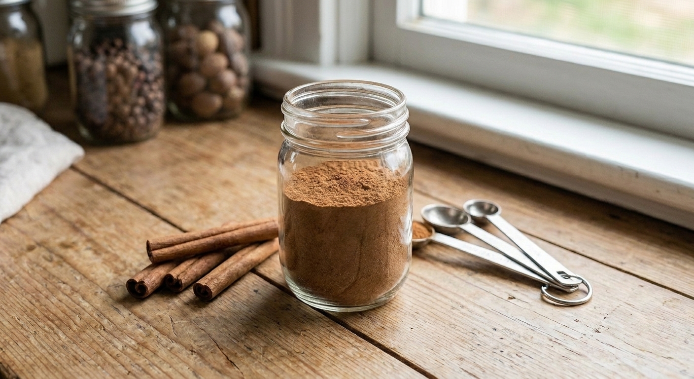 A small glass jar filled with homemade apple pie spice on a light kitchen counter with cinnamon sticks and measuring spoons nearby, warm natural light