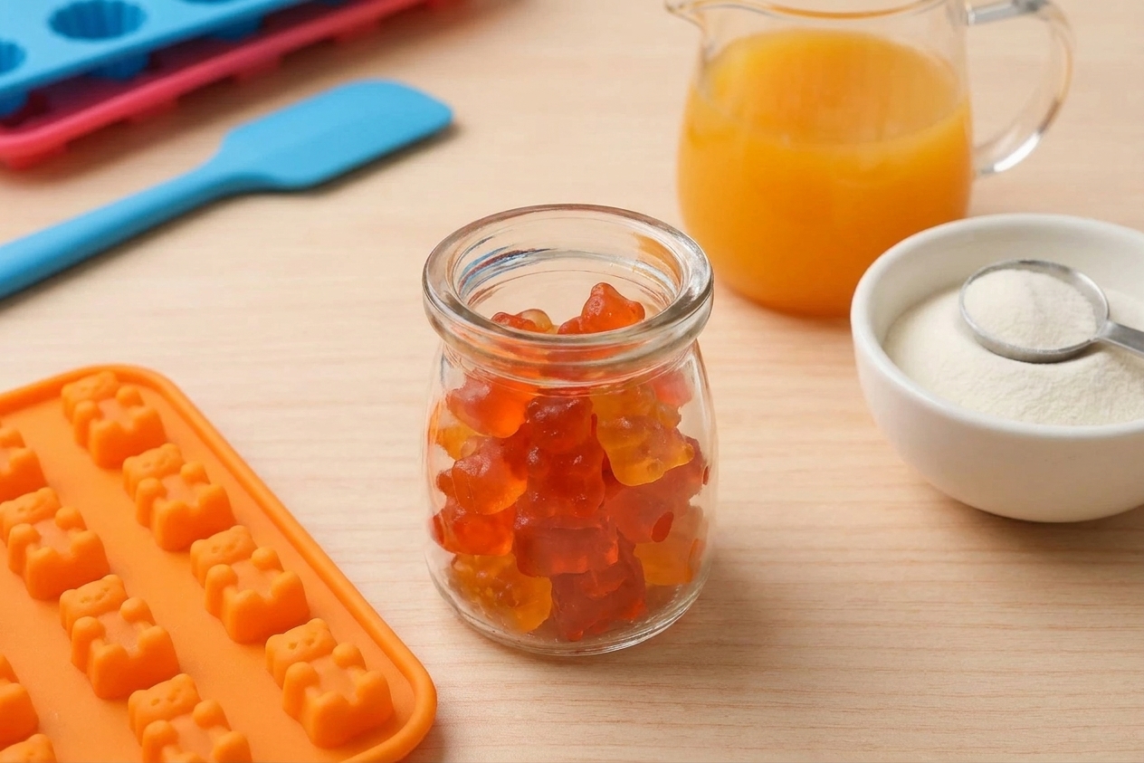 A small glass jar filled with homemade orange-red vegan gummy vitamins on a bright kitchen counter with a silicone gummy mold nearby