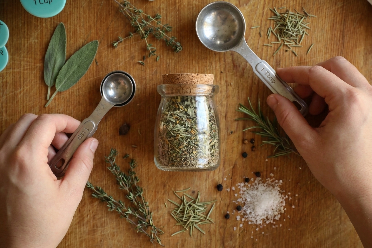 A small glass jar filled with homemade poultry seasoning on a warm kitchen counter, with measuring spoons and dried herbs nearby