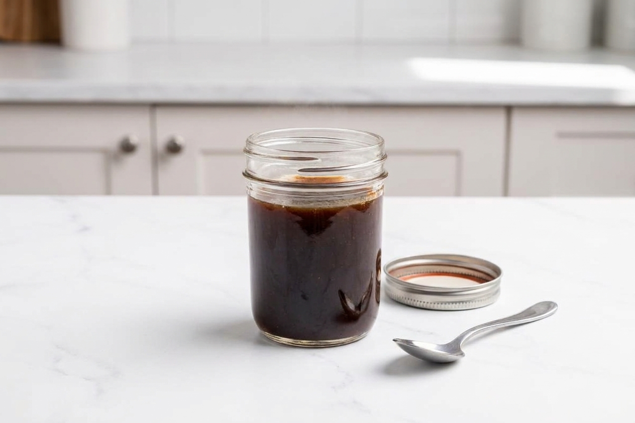 A small glass jar filled with homemade tonkatsu sauce cooling on a kitchen counter next to a sealed lid