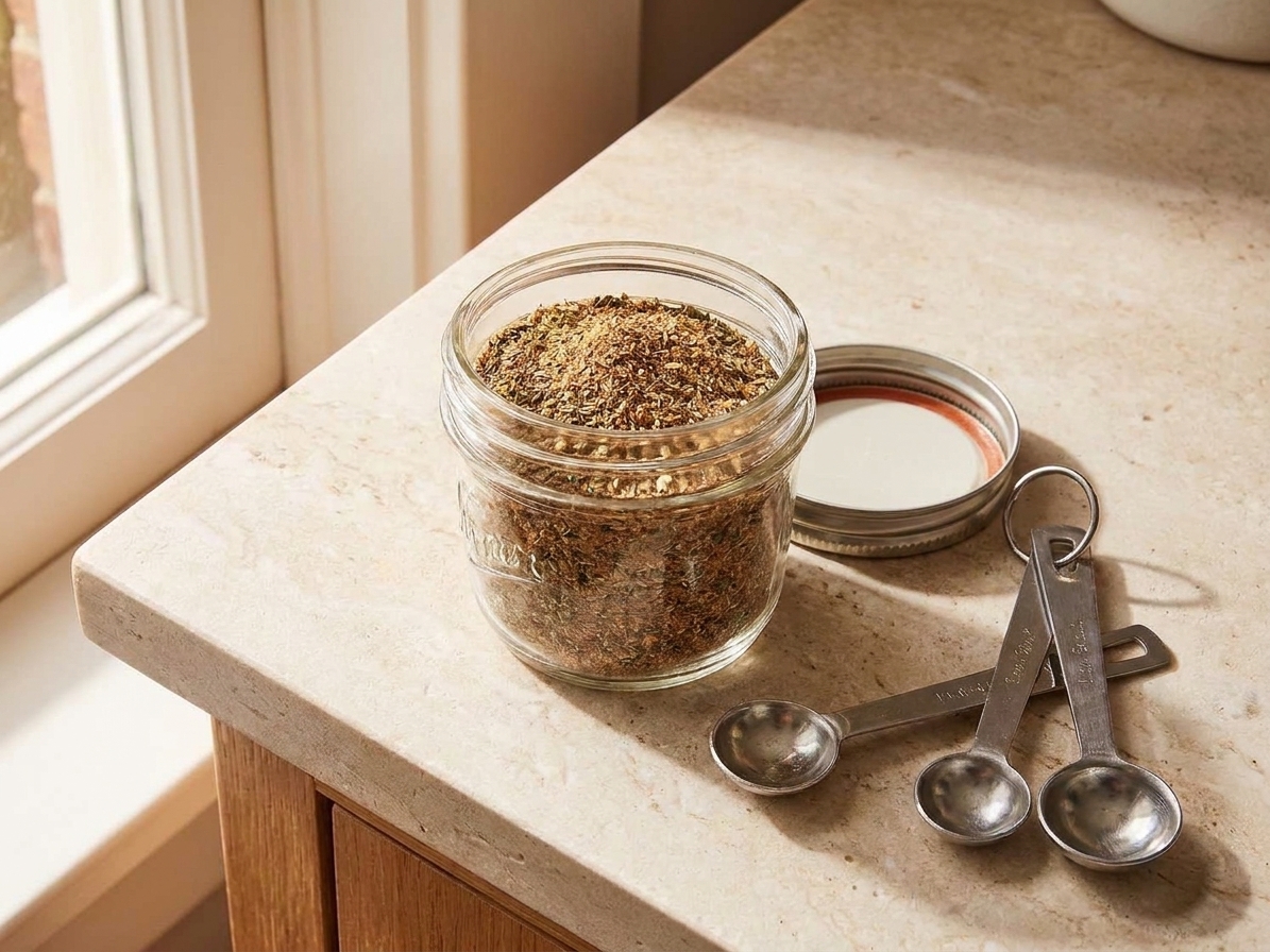 A small glass jar filled with homemade turkey rub seasoning on a kitchen counter next to measuring spoons, lid set beside it