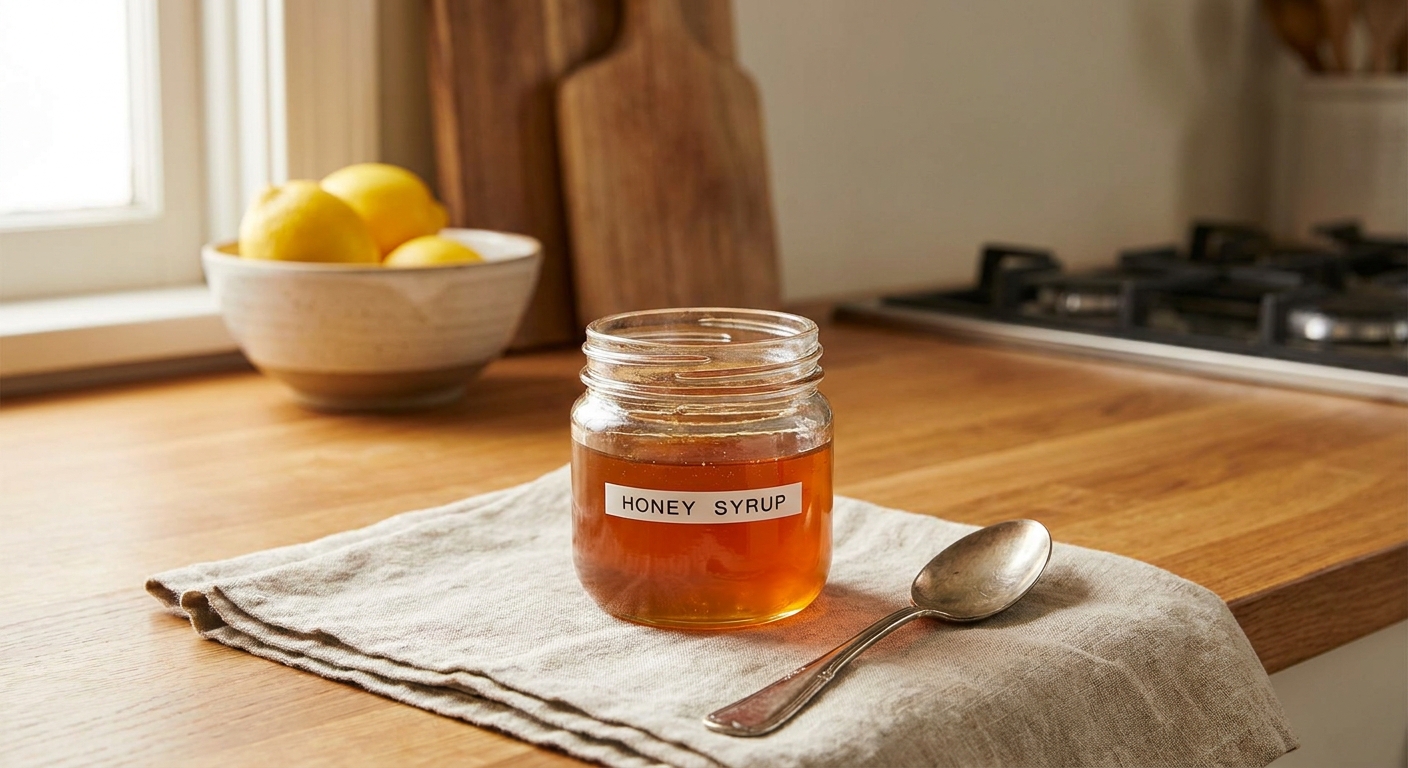 A small glass jar filled with honey syrup on a kitchen counter with a spoon nearby