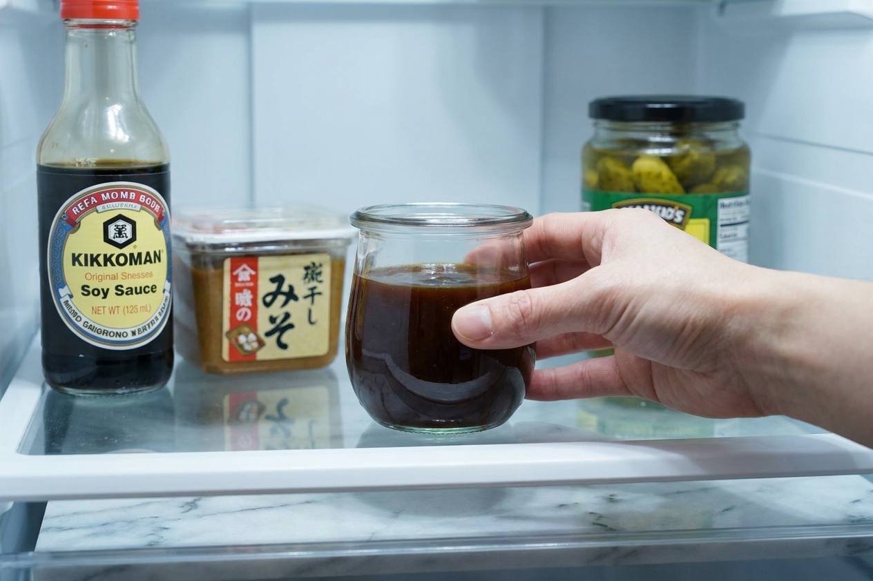 A small glass jar filled with katsu sauce sitting on a refrigerator shelf next to other condiments