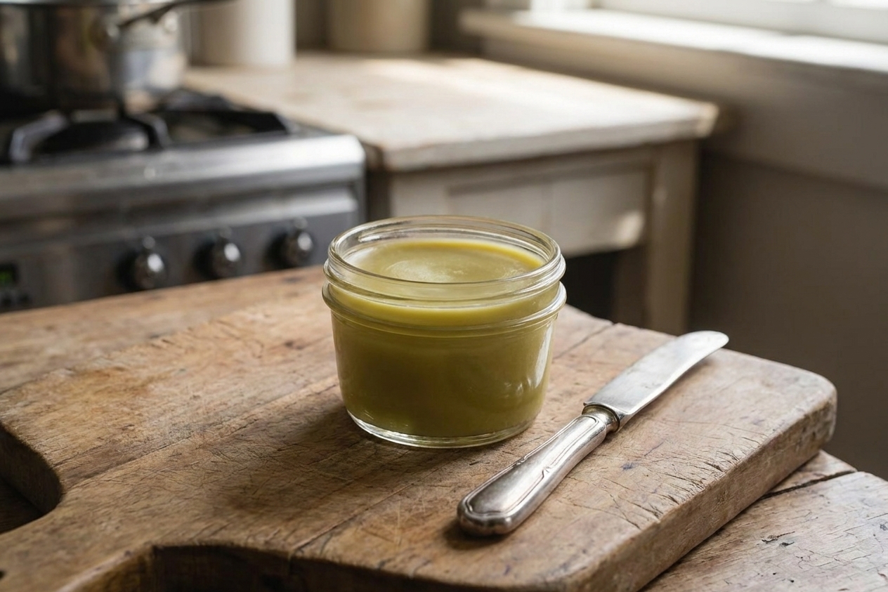A small glass jar filled with pale golden bud butter on a wooden cutting board beside a butter knife, with a clean, cozy kitchen counter in the background