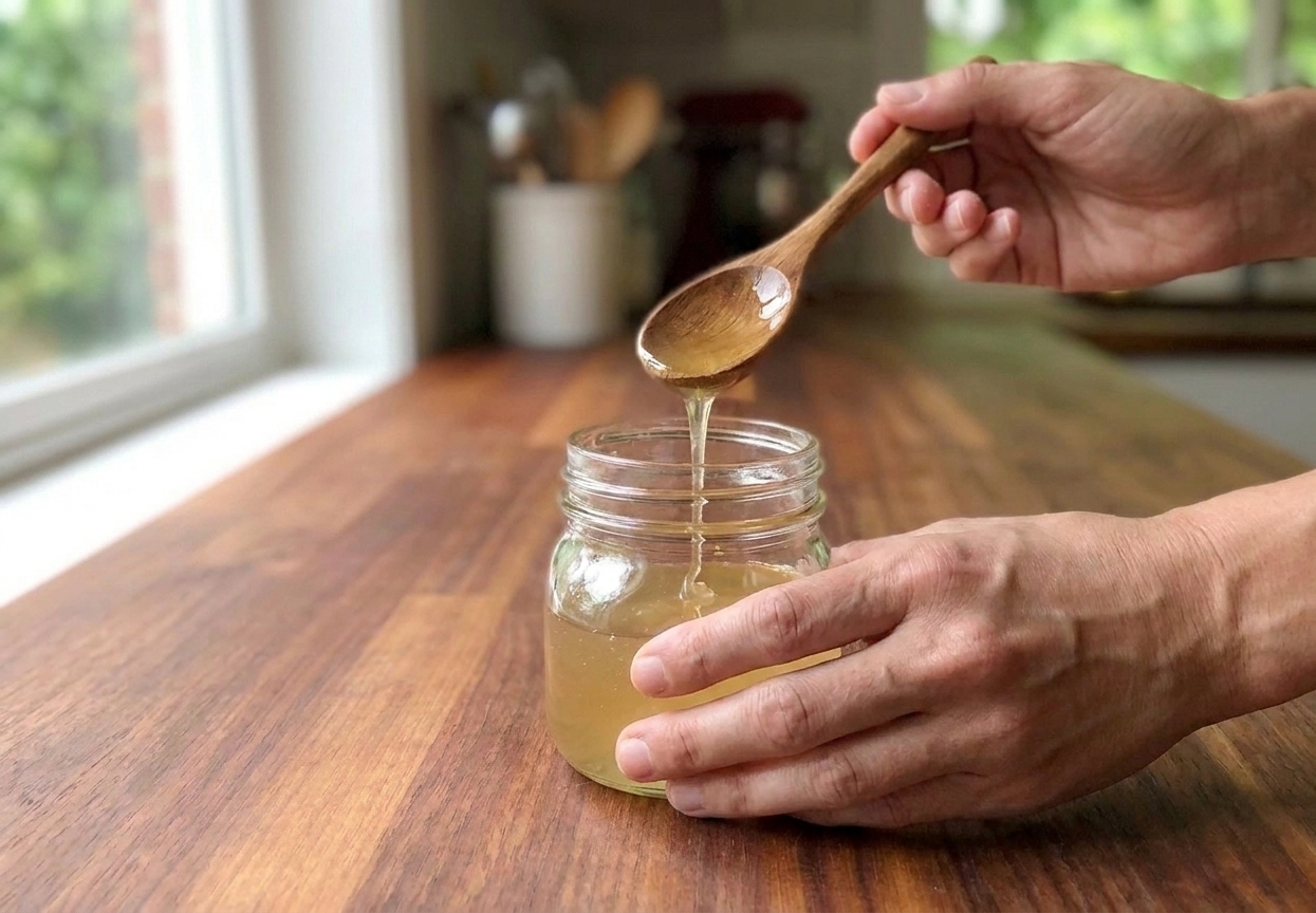A small glass jar filled with pale golden ginger syrup on a kitchen counter with a spoon dipping into the syrup