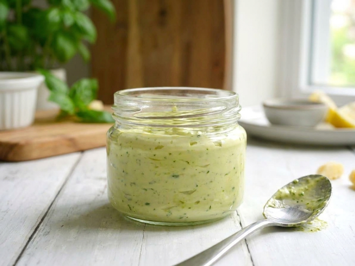 A small glass jar filled with pesto mayonnaise with the lid off, sitting on a kitchen counter beside a spoon