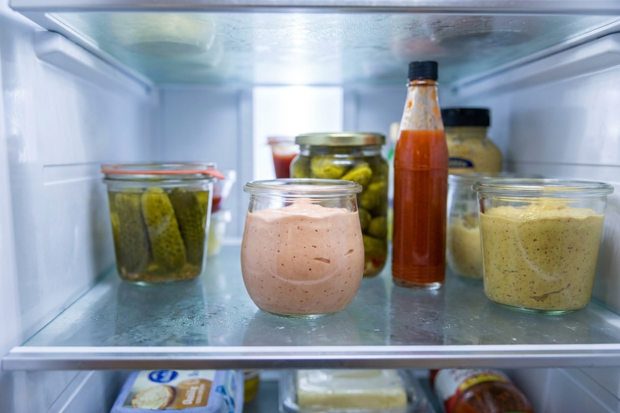 A small glass jar filled with pink burger spread on a refrigerator shelf next to other condiments