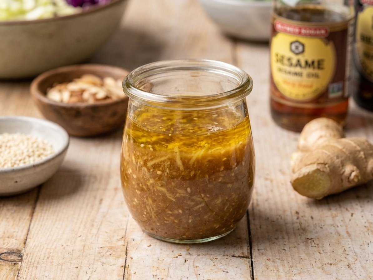 A small glass jar filled with sesame ginger dressing on a kitchen counter with visible grated ginger and sesame oil separating slightly
