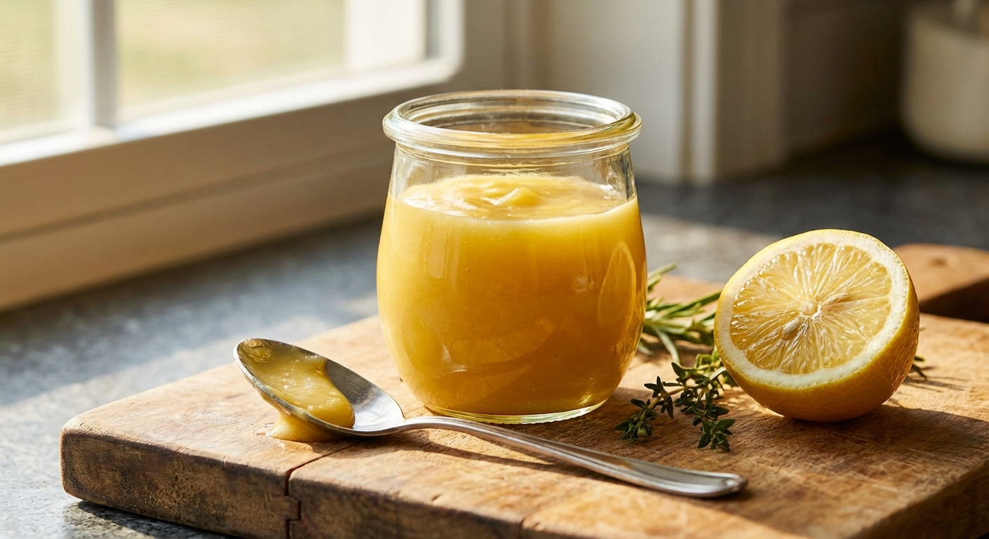 A small glass jar filled with silky savory lemon curd on a wooden cutting board with a lemon half and a spoon nearby in natural light