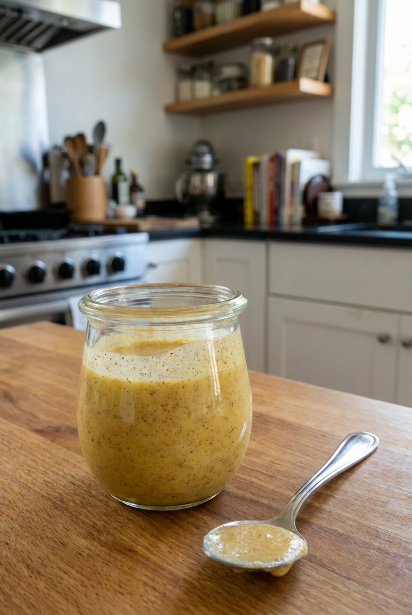 A small glass jar filled with spiced butter batter with a spoon resting beside it