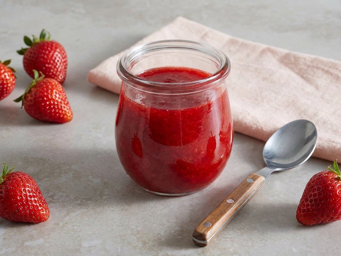 A small glass jar filled with strawberry glaze with a spoon resting beside it on a kitchen counter, with a few strawberries scattered nearby