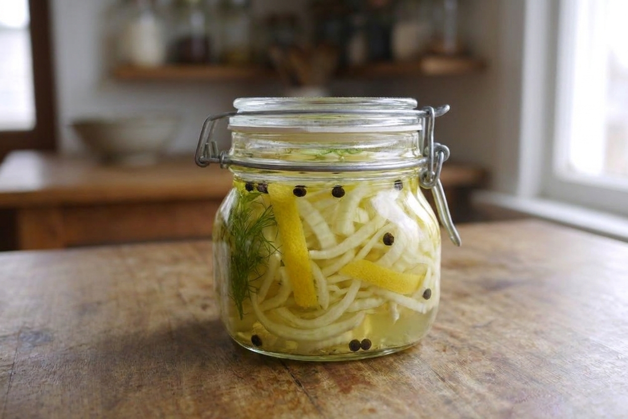 A small glass jar filled with thinly sliced pickled fennel in a pale brine with strips of lemon peel and black peppercorns on a bright kitchen counter