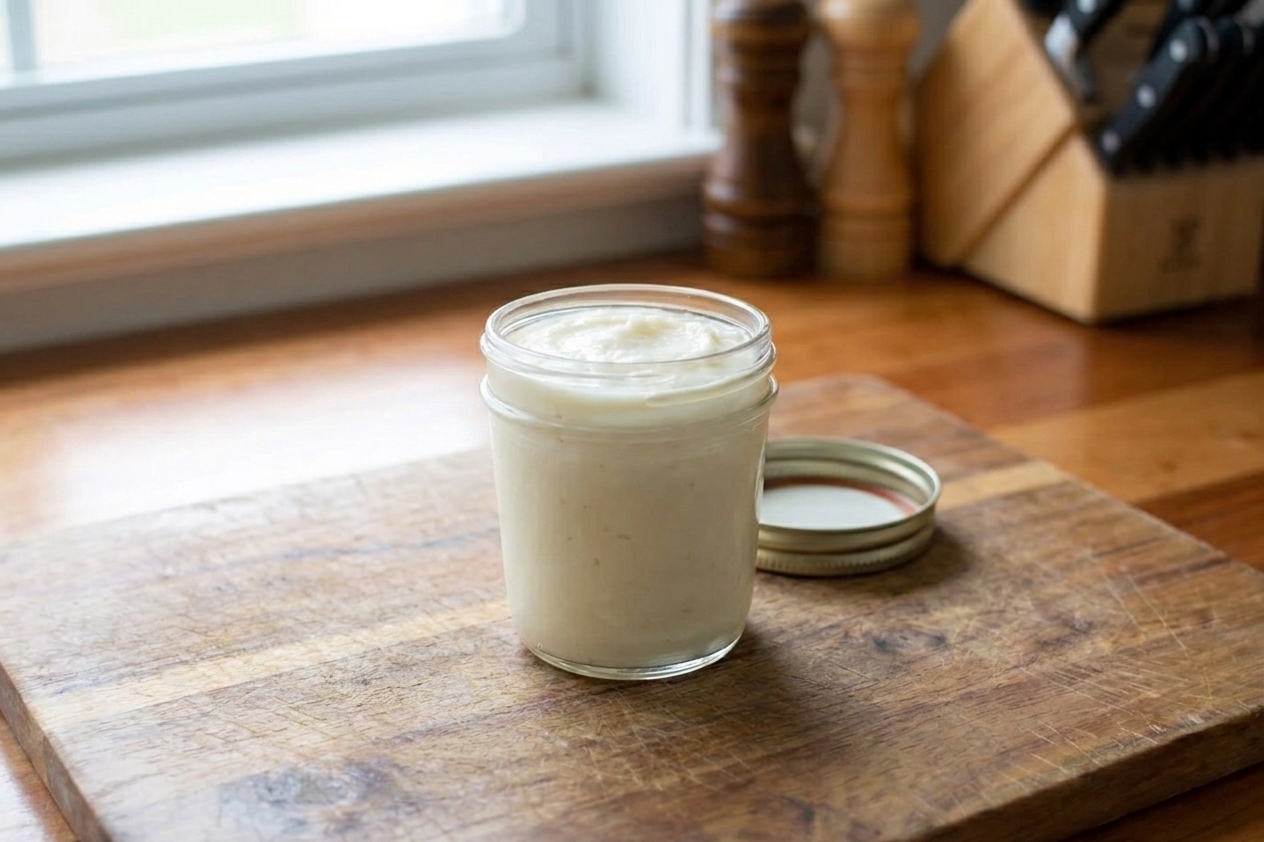 A small glass jar filled with toum garlic sauce with the lid beside it on a kitchen counter, ready to be refrigerated