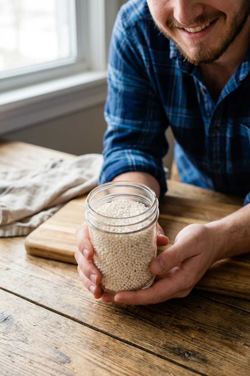 A small glass jar filled with uncooked small-pearl tapioca on a wooden countertop, close-up food photography