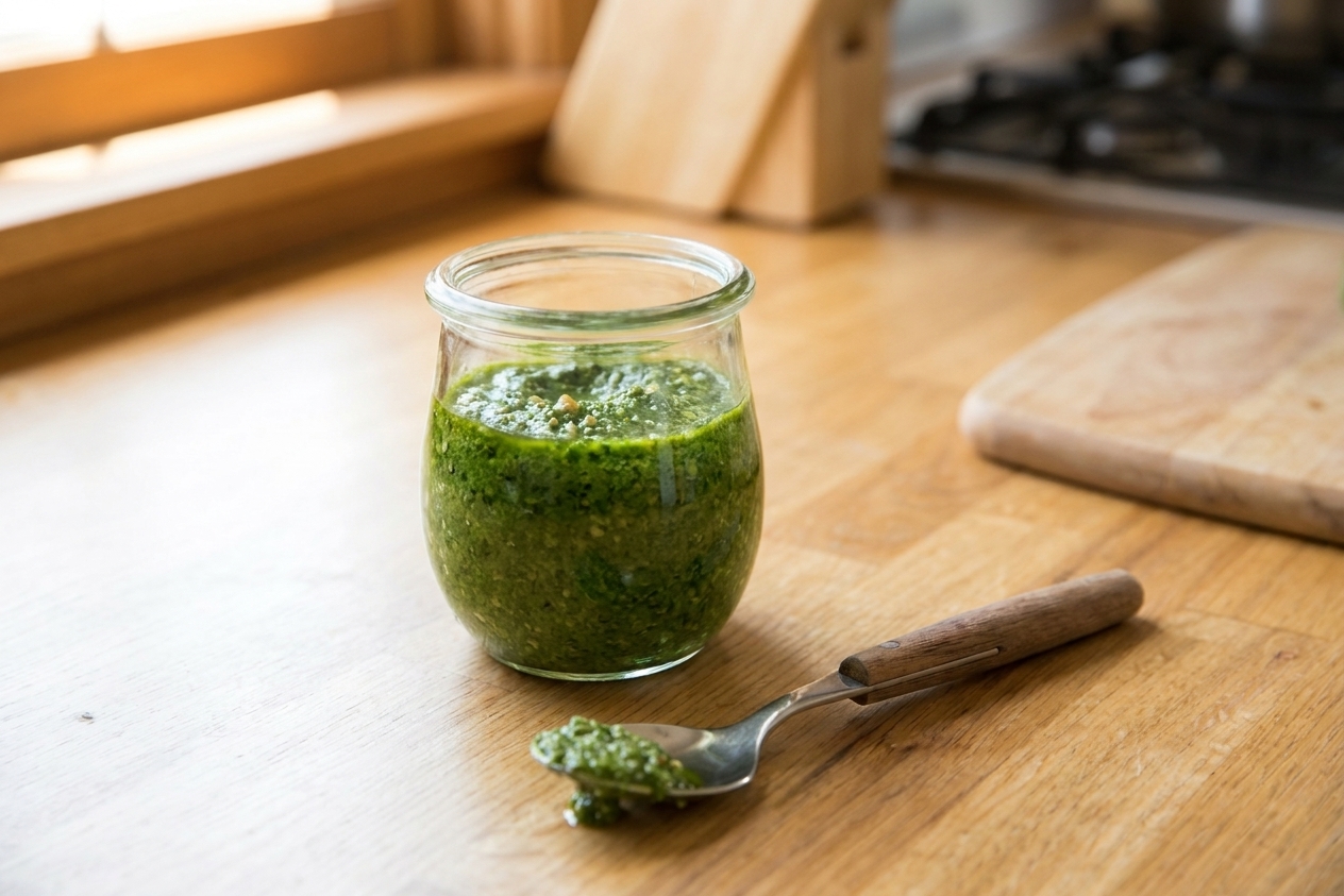 A small glass jar filled with vibrant green spinach pesto on a light kitchen counter with a spoon resting beside it, natural window light