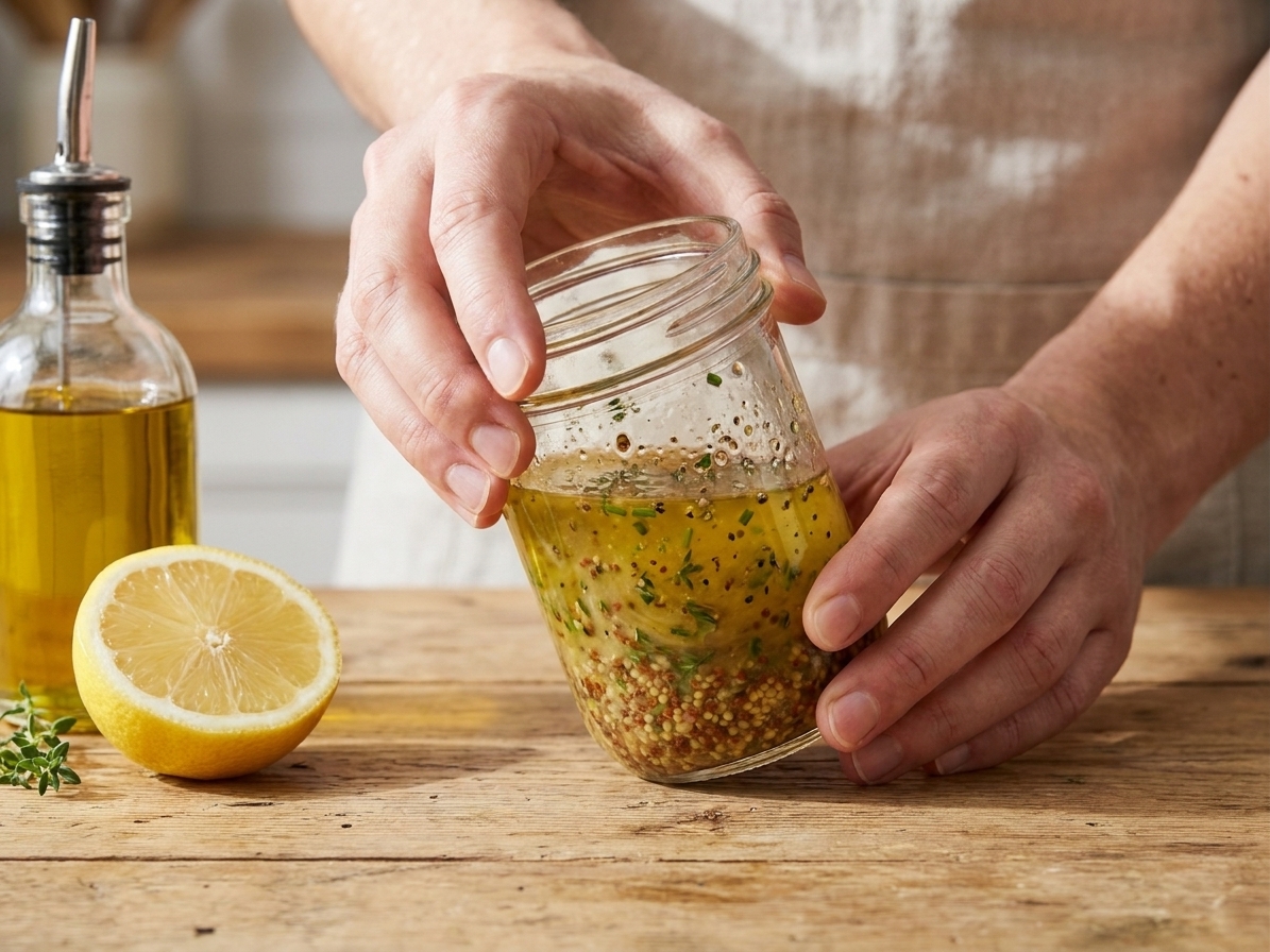 A small glass jar of Dijon vinaigrette with visible mustard and herbs being shaken on a kitchen counter next to a lemon and olive oil bottle