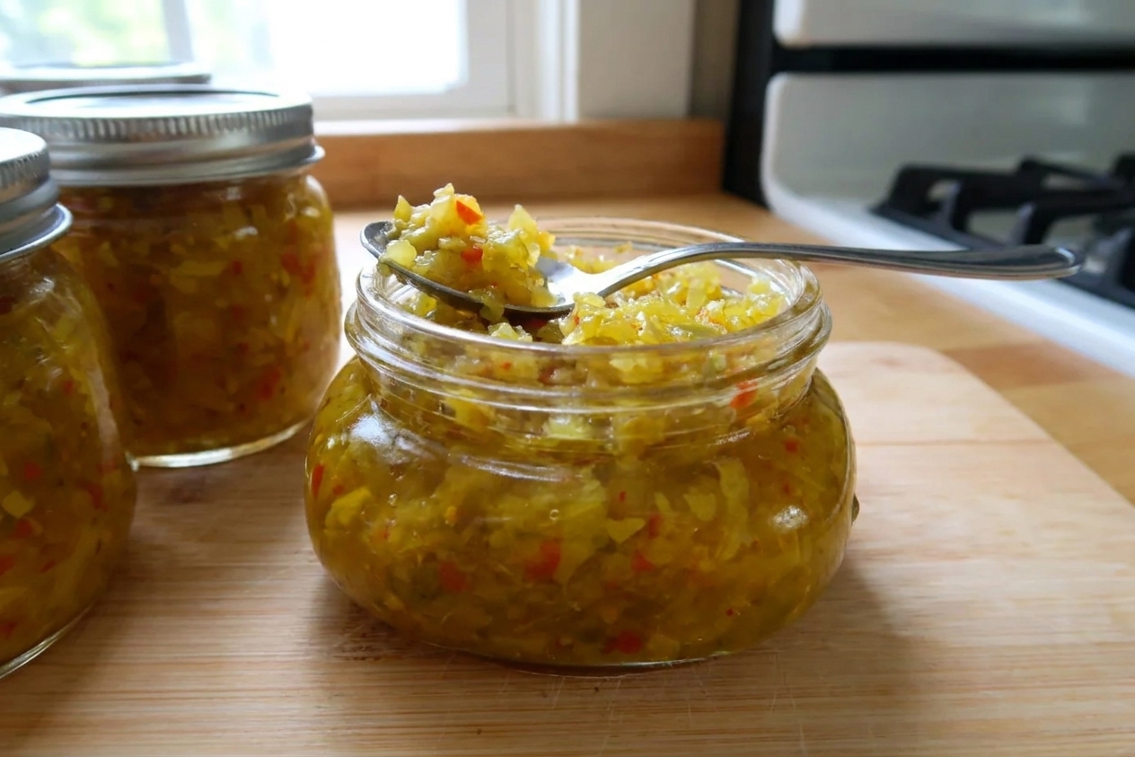 A small glass jar of Southern chow-chow relish with visible chopped cabbage, green tomato, and peppers on a wooden kitchen counter next to a spoon