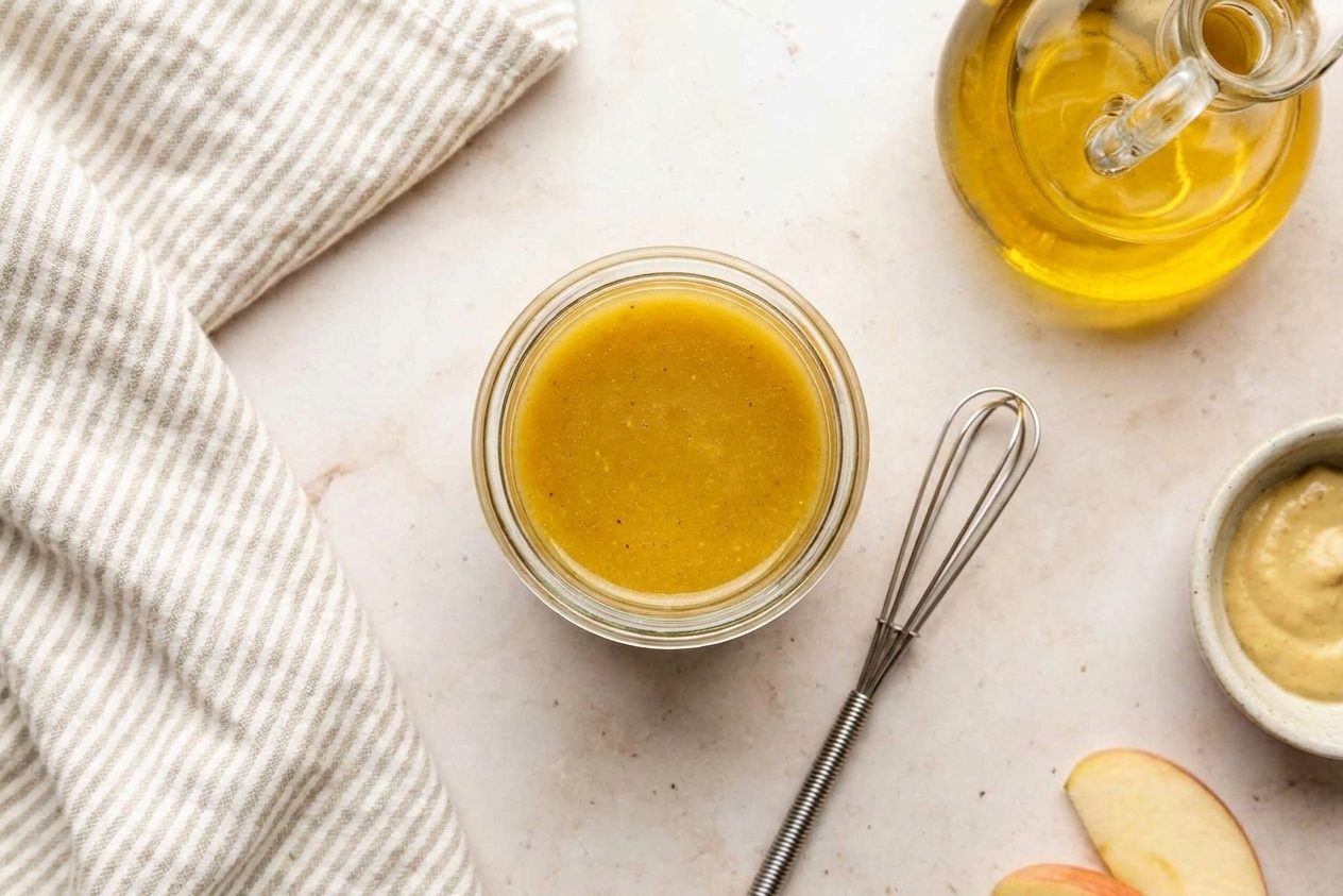 A small glass jar of apple Dijon dressing with a whisk beside it on a light stone kitchen counter
