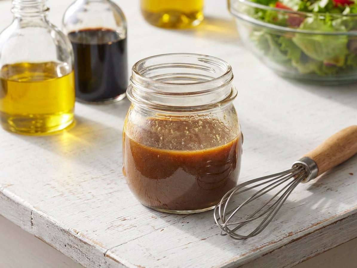 A small glass jar of balsamic vinaigrette on a kitchen counter with a whisk beside it, olive oil and balsamic vinegar bottles nearby, warm natural light