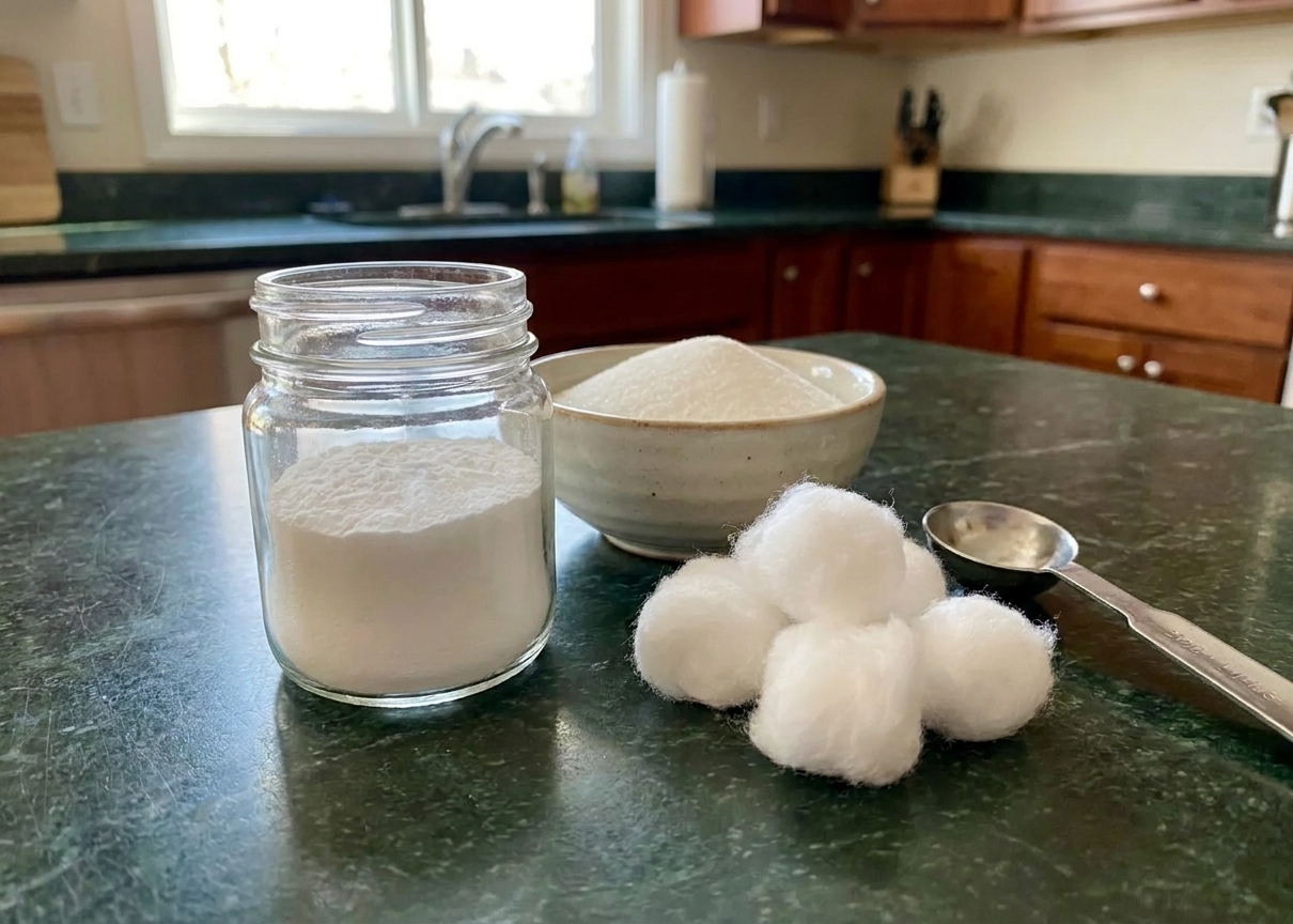 A small glass jar of borax and a bowl of sugar on a clean kitchen counter beside cotton balls and a measuring spoon in bright natural light.