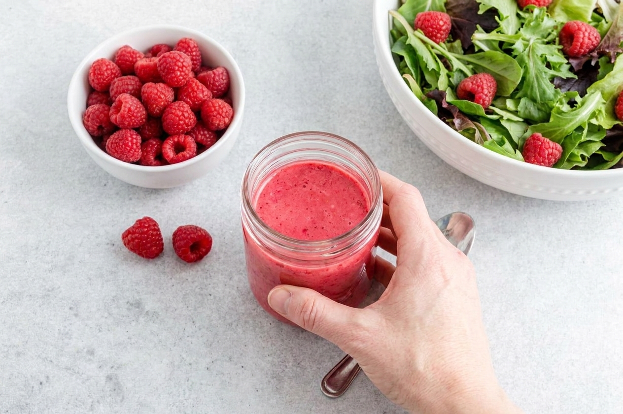 A small glass jar of bright pink raspberry vinaigrette on a light kitchen counter with fresh raspberries and a salad bowl nearby