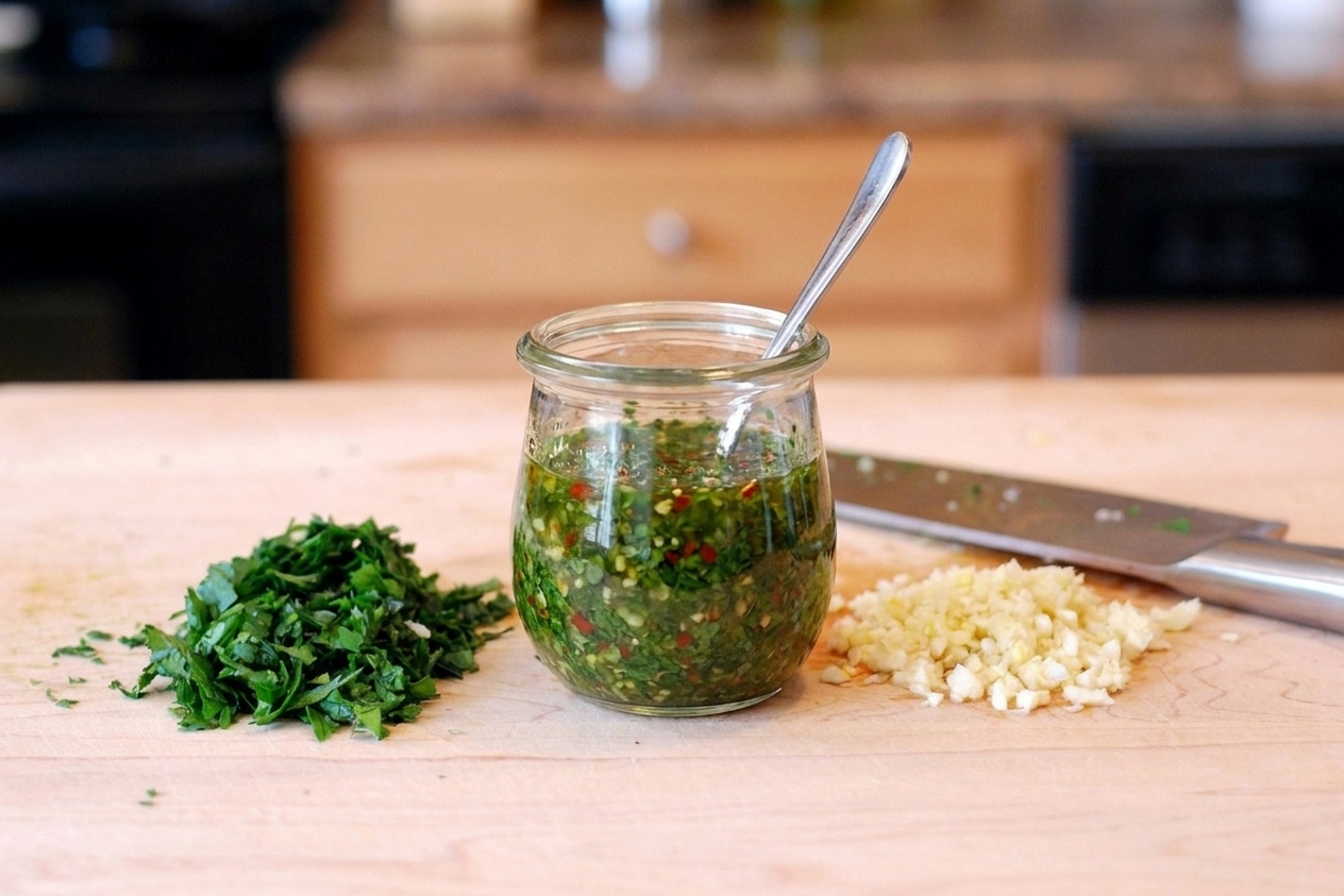 A small glass jar of chimichurri with a spoon resting inside, set on a kitchen counter with a cutting board and chopped herbs nearby