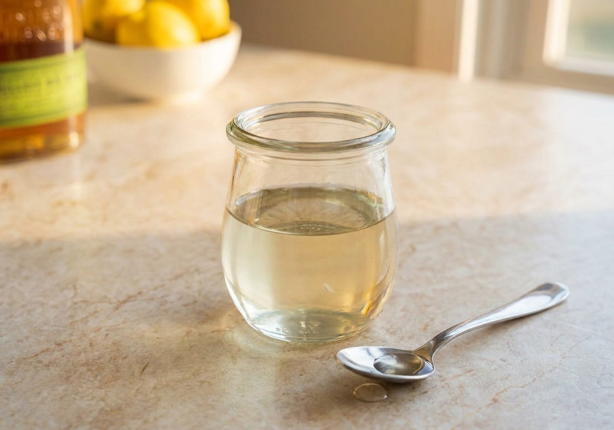A small glass jar of clear simple syrup with a spoon beside it on a kitchen counter