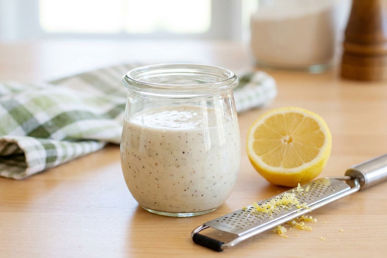 A small glass jar of creamy Caesar-style dressing on a kitchen counter with a lemon half and a microplane nearby