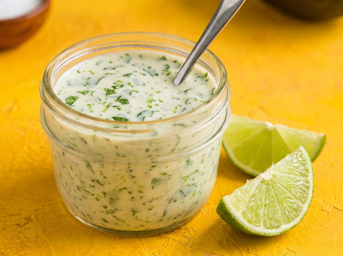 A small glass jar of creamy lime cilantro dressing with visible green cilantro flecks, sitting on a kitchen counter next to a cut lime