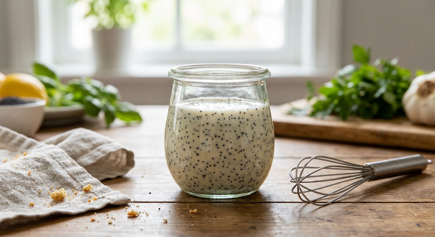 A small glass jar of creamy poppy seed dressing with visible poppy seeds, sitting on a kitchen counter with a whisk beside it and soft natural light, photorealistic food photography