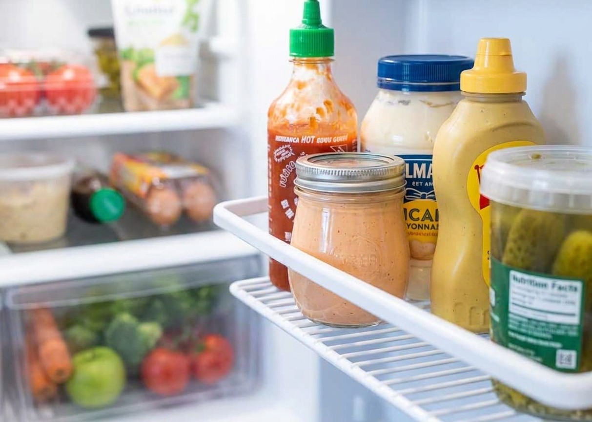 A small glass jar of creamy sauce with a lid sitting on a refrigerator shelf next to other condiments