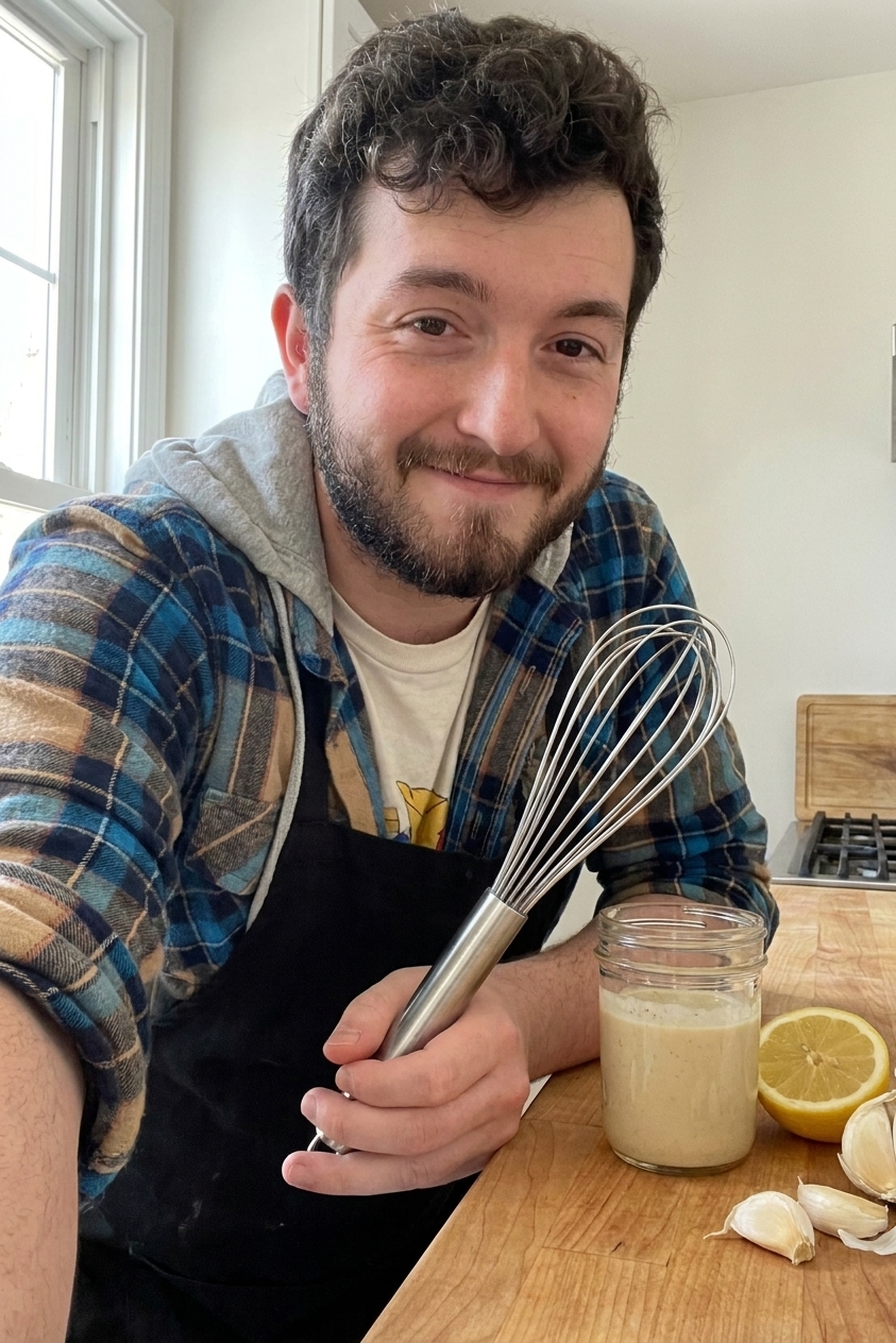 A small glass jar of creamy tahini dressing with lemon and garlic on a kitchen counter next to a whisk and a halved lemon, natural light