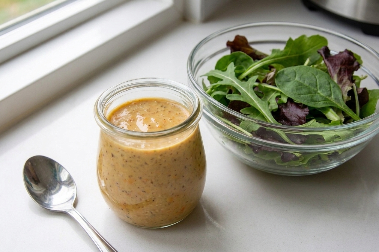 A small glass jar of creamy tan ginger dressing on a light kitchen counter with a simple green salad and a spoon nearby, natural window light