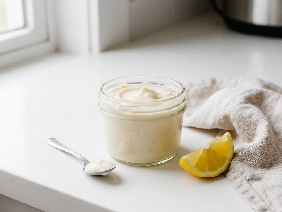 A small glass jar of creamy vegan mayonnaise on a light kitchen counter with a spoon and lemon wedge nearby, natural window light