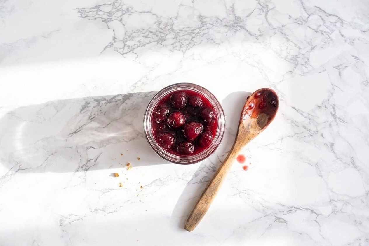 A small glass jar of deep red cherry jam with a spoon beside it on a sunlit kitchen counter