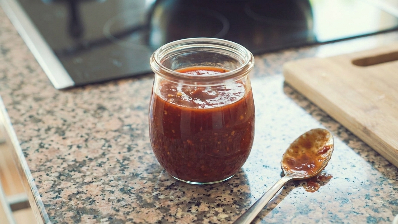 A small glass jar of glossy homemade chili sauce on a light kitchen counter with a spoon nearby